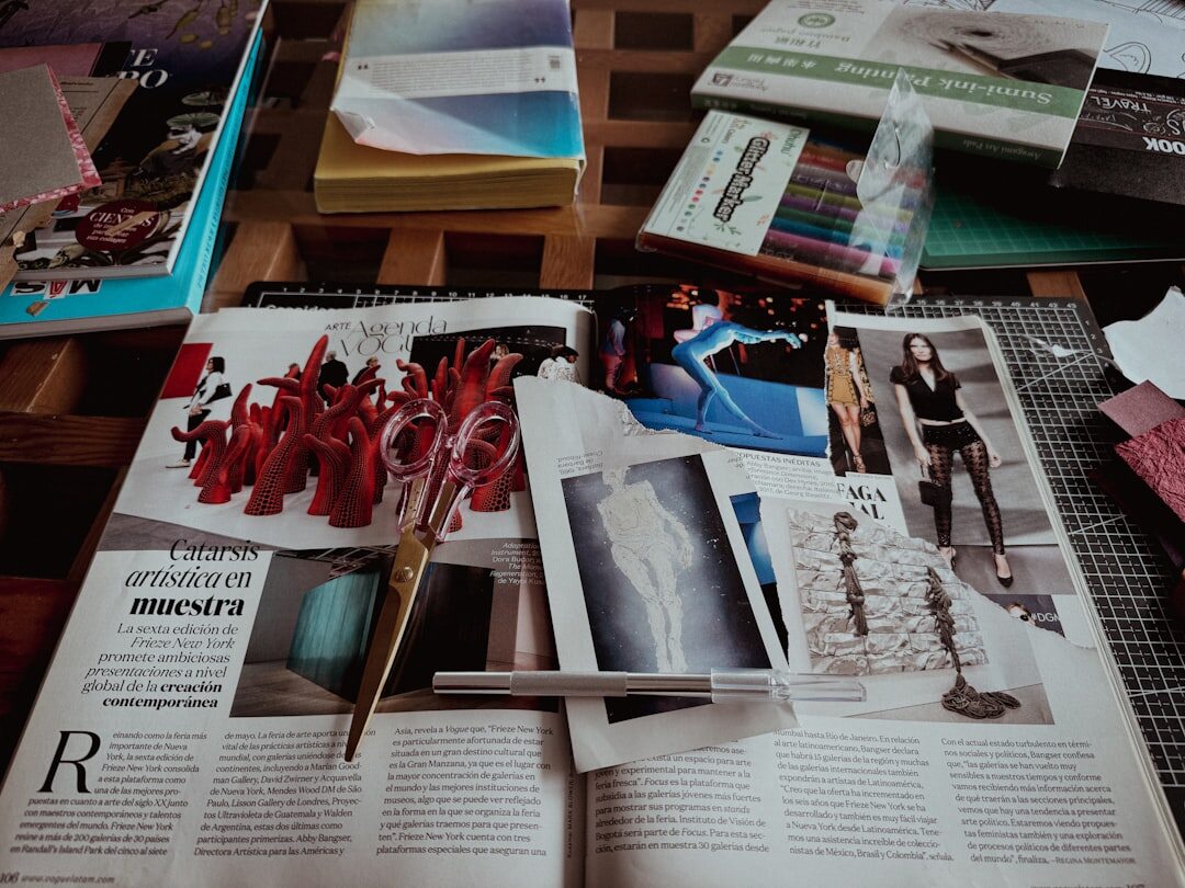 Magazine layout flat lay with fashion print pages